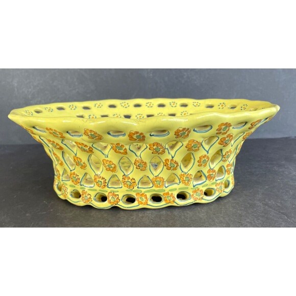 Vintage Hand Painted Lattice Ceramic Basket 10" Yellow Signed France RARE - Picture 2 of 9
